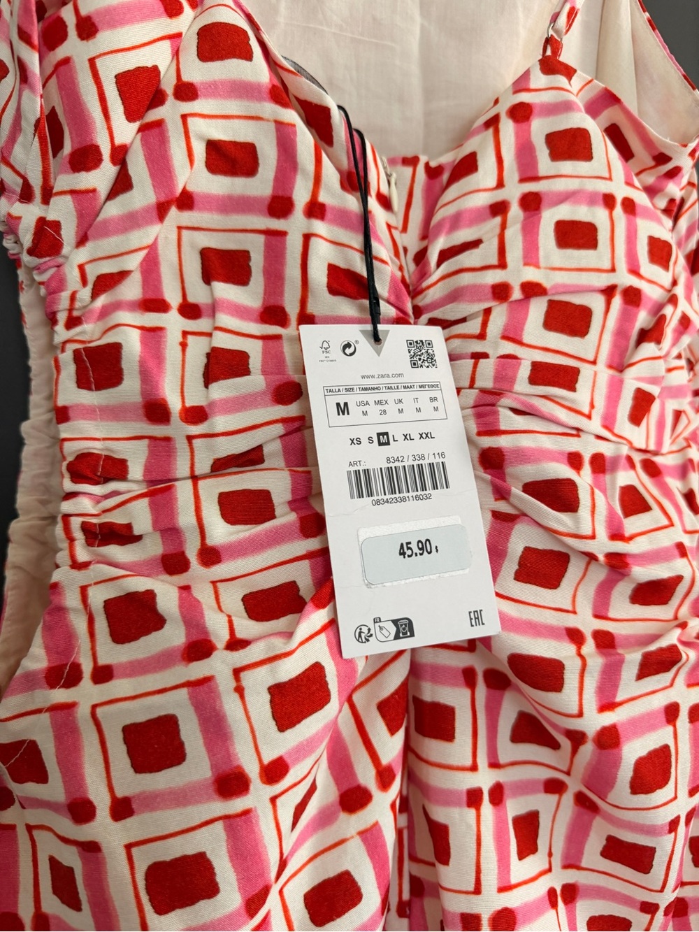 Zara Red and Pink Square Print Spaghetti Strap Dress - Picture 5 of 5